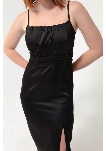 Kadın Siyah Ince Askılı Yırtmaçlı Midi Saten Abiye Elbise fırsatları