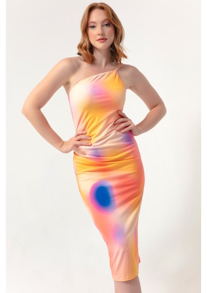 Kadın Turuncu Batik Desen Tek Kollu Elbise