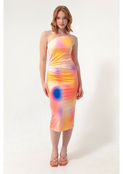 Kadın Turuncu Batik Desen Tek Kollu Elbise fiyatları