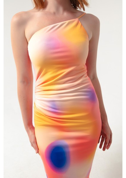 Kadın Turuncu Batik Desen Tek Kollu Elbise fırsatları