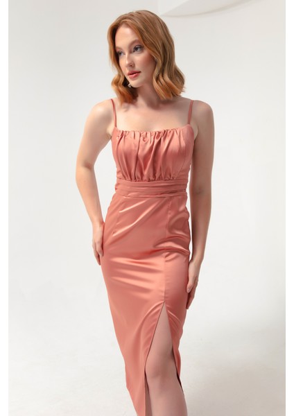Kadın Somon Ince Askılı Yırtmaçlı Midi Saten Abiye Elbise fiyatları