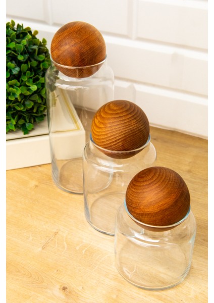 3'lü Ahşap Top Kapaklı 1300 ml - 800 ml - 500 ml Cam Kavanoz Saklama Kabı Baharatlık