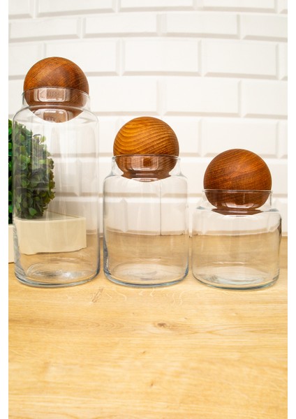 3'lü Ahşap Top Kapaklı 1300 ml - 800 ml - 500 ml Cam Kavanoz Saklama Kabı Baharatlık