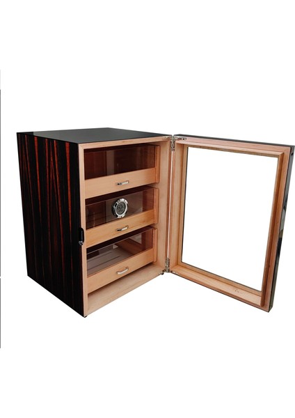 Çekmeceli 3 Katlı Kahverengi Önü Camlı Sedir Humidor Puro Kutusu RC77