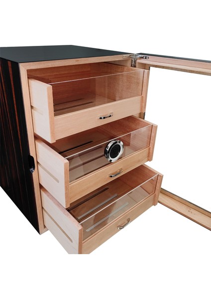 Çekmeceli 3 Katlı Kahverengi Önü Camlı Sedir Humidor Puro Kutusu RC77