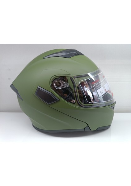 Jekai Jk-21 902 Model Güneş Vizörlü Çenededen Açılır Kask - Haki Yeşil