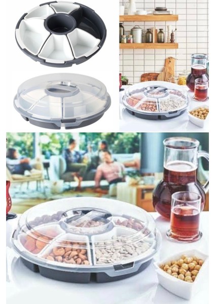 Kapaklı 6'lı Çerez ve Kahvaltı Saklama Tabağı Plastik Şeffaf Lilyum Seti
