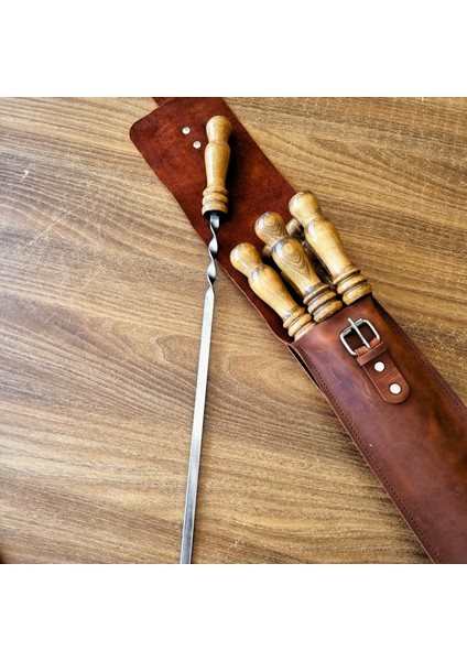 Hakiki Deri Çantalı Mangal ve Barbekü Şiş Seti