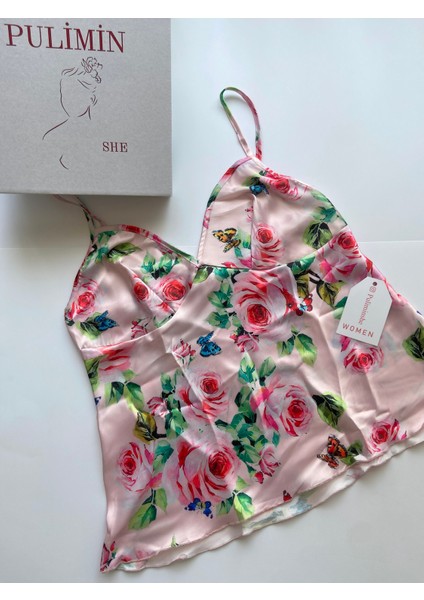 Pulimin She Pembe Saten Üzeri Gül Baskılı Askılı Üst Pijama Takımı