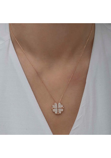 925 Ayar Gümüş Rose Kalpli Açılabilen Yonca Kadın Kolye indirimleri