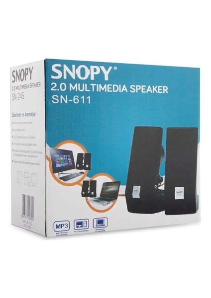Snopy SN-611, 6W, 1+1, Masaüstü Speaker, Ac 220V (Siyah)