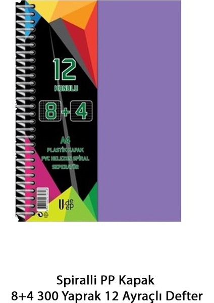 Spiralli Pp Kapak 8+4 300 Yaprak 12 Ayraçlı Defter