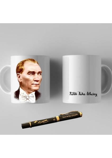 Kişiye Özel Mustafa Kemal Atatürk Resimli Kupa Bardak ve Kalem Hediye Seti