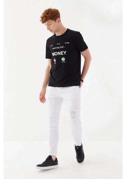 Money Boykot Baskılı Bisiklet Yaka Regular Fit Tişört Siyah