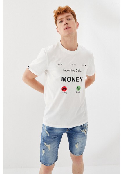 Money Boykot Baskılı Bisiklet Yaka Regular Fit Tişört Ekru indirimleri
