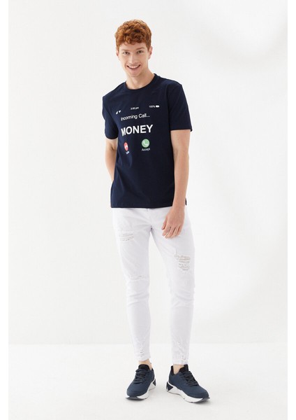 Money Boykot Baskılı Bisiklet Yaka Regular Fit Tişört Lacivert