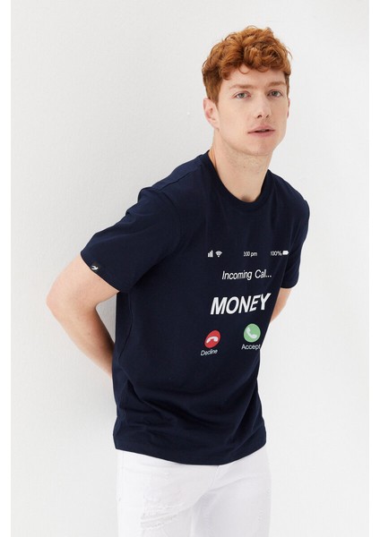Money Boykot Baskılı Bisiklet Yaka Regular Fit Tişört Lacivert