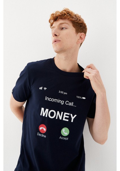 Money Boykot Baskılı Bisiklet Yaka Regular Fit Tişört Lacivert