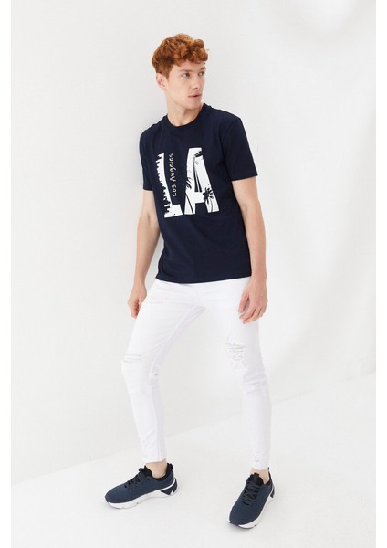 Los Angeles City Baskılı Bisiklet Yaka Regular Fit Tişört Lacivert fırsatları