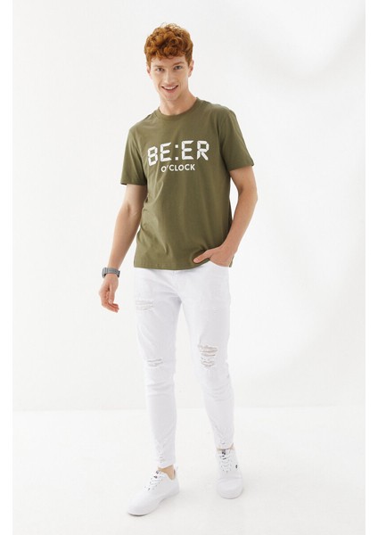 Beer Oclock Baskılı Bisiklet Yaka Regular Fit Tişört Haki