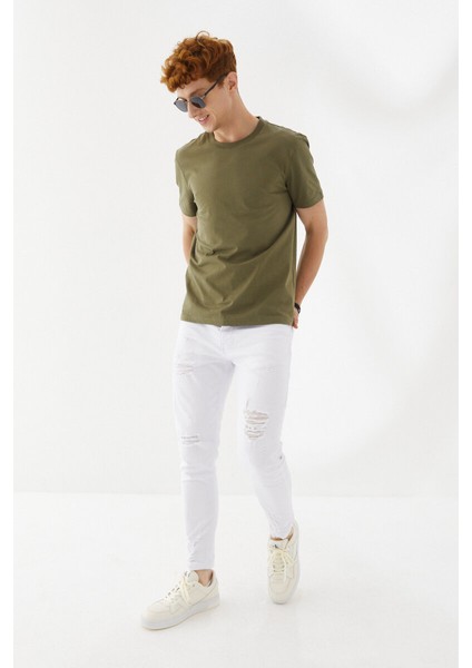 Attitude Motivated Baskılı Bisiklet Yaka Regular Fit Tişört Haki
