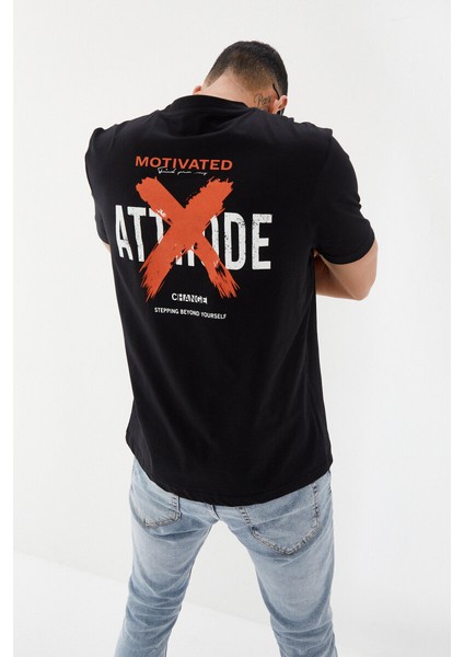 Attitude Motivated Baskılı Bisiklet Yaka Regular Fit Tişört Siyah