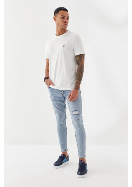 Göğüs Ruber Baskı Düz Desen Bisiklet Yaka Regular Fit Tişört Ekru fiyatları