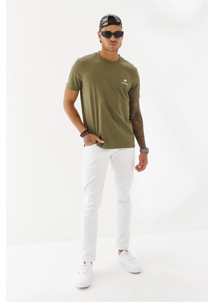 Göğüs Ruber Baskı Düz Desen Bisiklet Yaka Regular Fit Tişört Haki