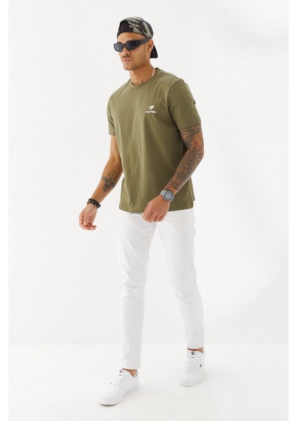 Göğüs Ruber Baskı Düz Desen Bisiklet Yaka Regular Fit Tişört Haki fiyatları