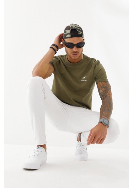 Göğüs Ruber Baskı Düz Desen Bisiklet Yaka Regular Fit Tişört Haki modelleri