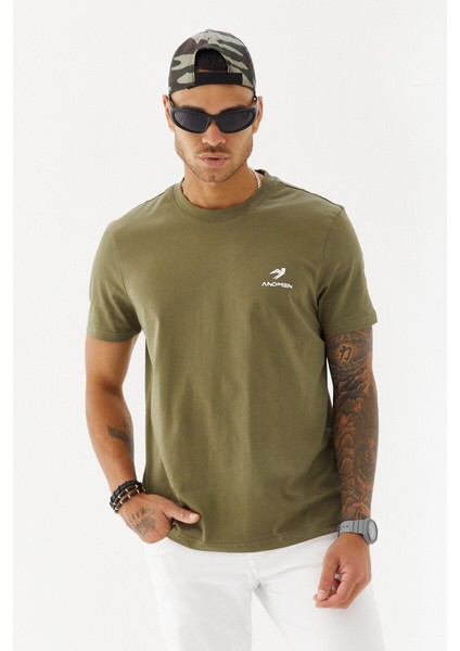 Göğüs Ruber Baskı Düz Desen Bisiklet Yaka Regular Fit Tişört Haki fırsatları