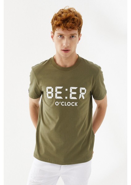 Beer Oclock Baskılı Bisiklet Yaka Regular Fit Tişört Haki