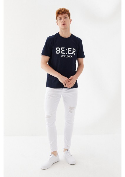 Beer Oclock Baskılı Bisiklet Yaka Regular Fit Tişört Lacivert