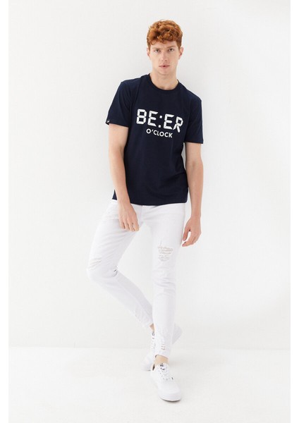 Beer Oclock Baskılı Bisiklet Yaka Regular Fit Tişört Lacivert fiyatları