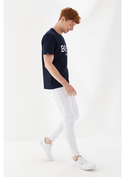 Beer Oclock Baskılı Bisiklet Yaka Regular Fit Tişört Lacivert modelleri