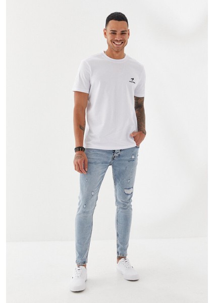 Göğüs Ruber Baskı Düz Desen Bisiklet Yaka Regular Fit Tişört Beyaz