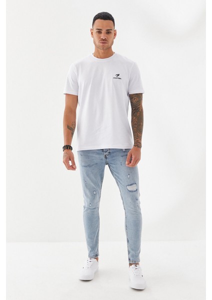Göğüs Ruber Baskı Düz Desen Bisiklet Yaka Regular Fit Tişört Beyaz fiyatları