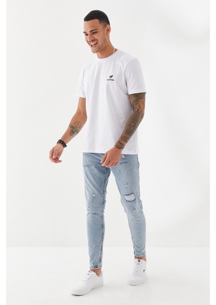 Göğüs Ruber Baskı Düz Desen Bisiklet Yaka Regular Fit Tişört Beyaz modelleri