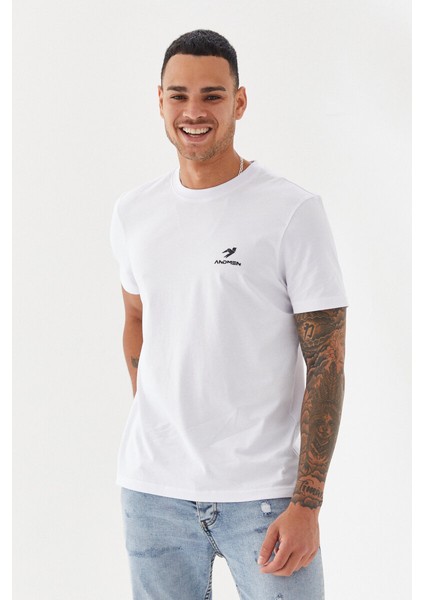 Göğüs Ruber Baskı Düz Desen Bisiklet Yaka Regular Fit Tişört Beyaz fırsatları