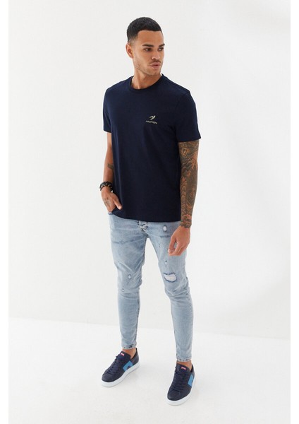 Göğüs Ruber Baskı Düz Desen Bisiklet Yaka Regular Fit Tişört Lacivert