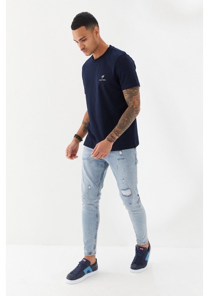 Göğüs Ruber Baskı Düz Desen Bisiklet Yaka Regular Fit Tişört Lacivert fiyatları