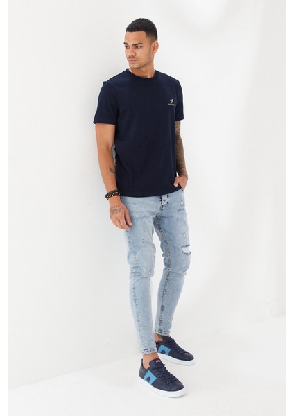 Göğüs Ruber Baskı Düz Desen Bisiklet Yaka Regular Fit Tişört Lacivert modelleri
