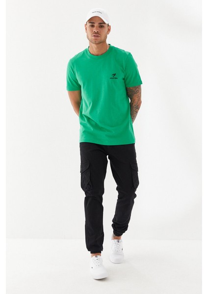 Göğüs Ruber Baskı Düz Desen Bisiklet Yaka Regular Fit Tişört Benetton Yeşili