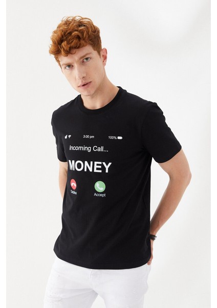 Money Boykot Baskılı Bisiklet Yaka Regular Fit Tişört Siyah