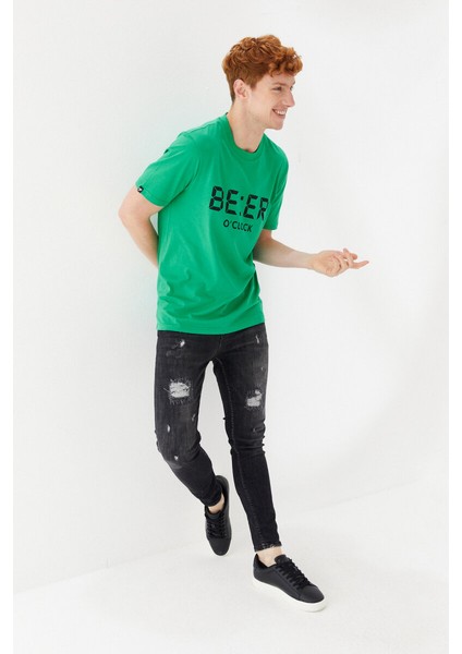 Beer Oclock Baskılı Bisiklet Yaka Regular Fit Tişört Benetton Yeşili modelleri