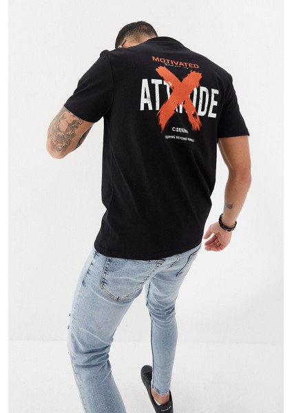 Attitude Motivated Baskılı Bisiklet Yaka Regular Fit Tişört Siyah fırsatları
