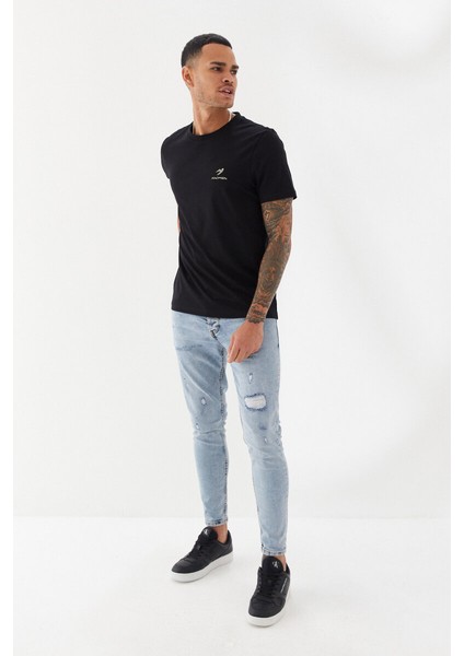 Göğüs Ruber Baskı Düz Desen Bisiklet Yaka Regular Fit Tişört Siyah