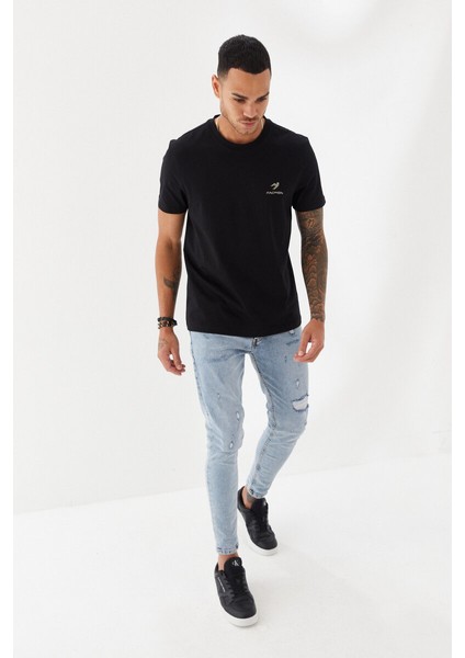 Göğüs Ruber Baskı Düz Desen Bisiklet Yaka Regular Fit Tişört Siyah fiyatları