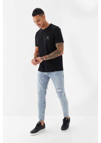 Göğüs Ruber Baskı Düz Desen Bisiklet Yaka Regular Fit Tişört Siyah modelleri