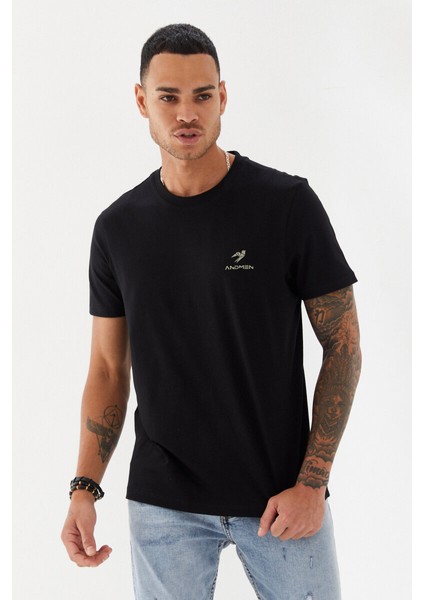 Göğüs Ruber Baskı Düz Desen Bisiklet Yaka Regular Fit Tişört Siyah fırsatları